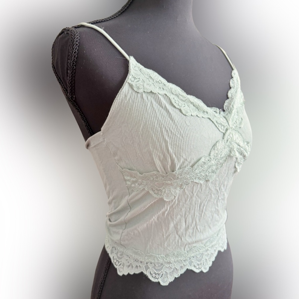 Lace Trim Ribbed Cami Tank Top - Pale Mint Size Small